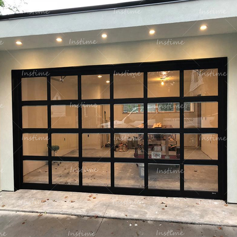 Instime Aluminum Alloy Frosted Glass Modern New Black Sectional Panel Garage Door For Villa Garage