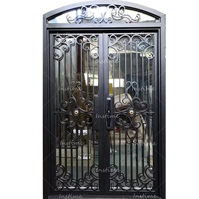 Instime Luxury Design Modern Elegant Arched Security Wrought Iron Doors Double Entry Front Iron Door For Villa Home