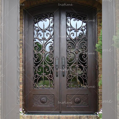 Instime Exterior Fancy Double Front Door Design Luxury French Metal Wrought Iron Security Storm Entry Doors