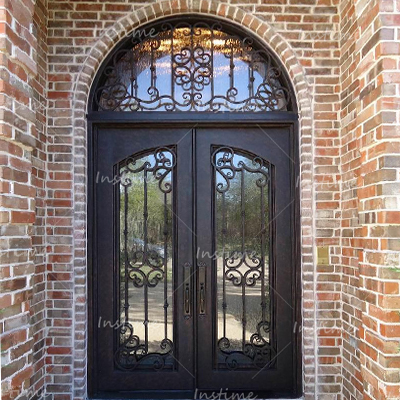 Instime Customized Decorative Iron Doors Double Entrance Iron Glass Door Arches Iron Doors